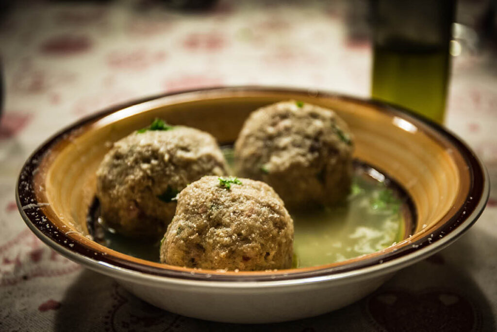 a bowl of canederli, a tradtional bread dumplings from the northern regions of Italy