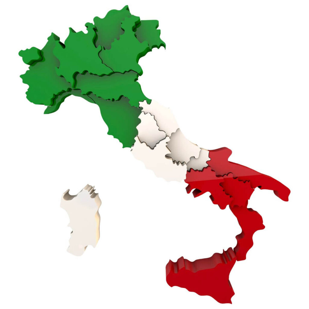 a graphic outlining the country and regions of Italy