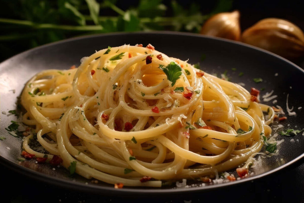 Spaghetti Aglio e Olio with garlic, red pepper flakes, and parsley on a white plate