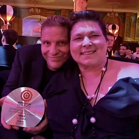 La Locanda owners Maurizio and Cinzia Bocchi celebrating with the Environmental, Social and Governance Award trophy at the Red Rose Awards 2026